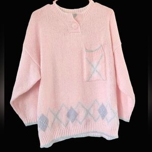 Vintage Argyle Pastel Pullover Sweater 90s Lauren Brooke 44/24W Pink